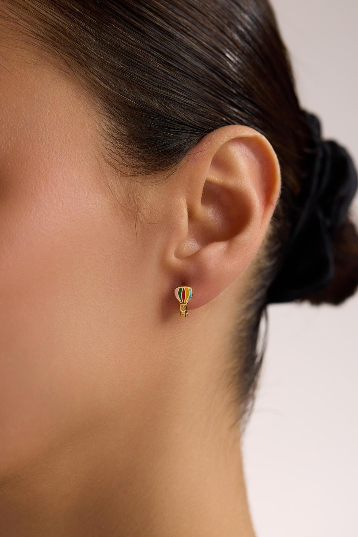 Sterling Silver Hot Air Balloon Huggie Earrings | Gold Plated Enamel Adventure Jewelry
