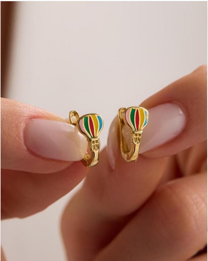 Sterling Silver Hot Air Balloon Huggie Earrings | Gold Plated Enamel Adventure Jewelry
