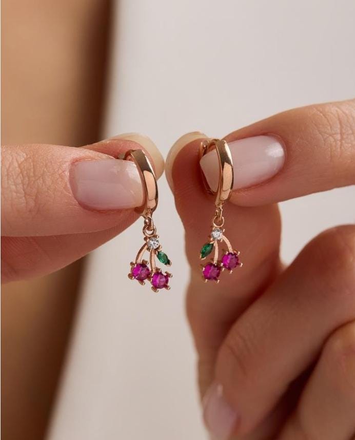 Cherry Hoop Earrings | 925 Sterling Silver 14K Rose Gold Plated Zircon Dainty Hoops