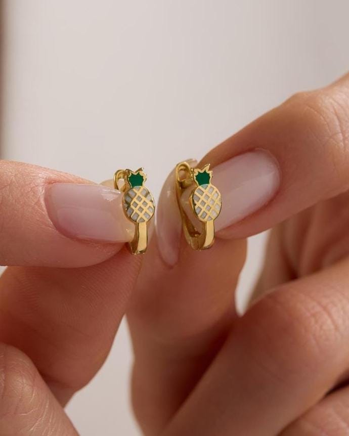 Pineapple Earrings | 925 Sterling Silver Enamel Kids Huggie Hoop Earrings