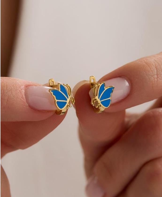 Blue Butterfly Earrings | 925 Sterling Silver Enamel Kids Stud Earrings