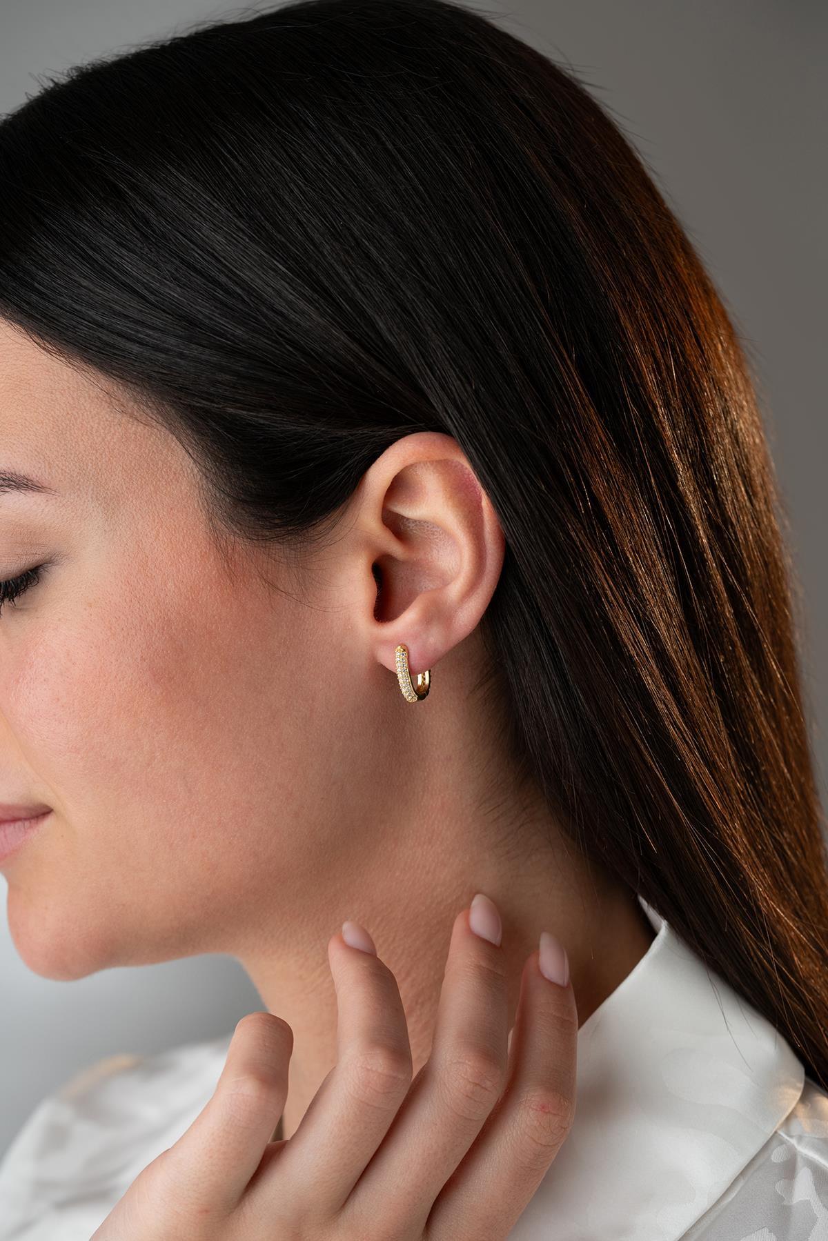 Gold plated U Shape Hoop Earrings | Dainty Zircon Huggie | Minimal Sterling Silver Jewelry Gift