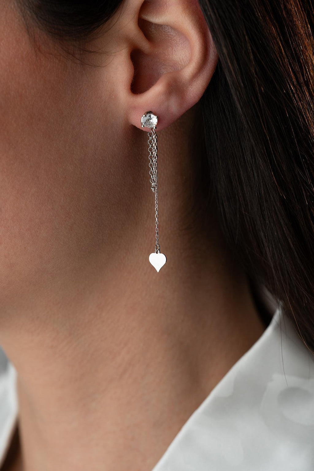 Silver Heart Chain Drop Earrings | Dainty Zircon Dangle | Minimal Sterling Silver Jewelry Gift