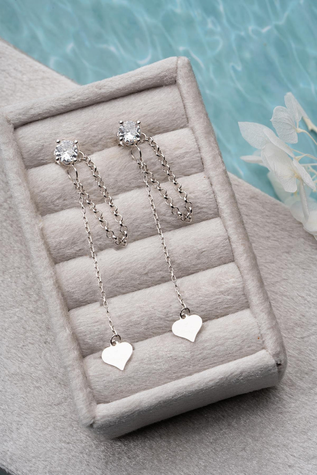 Silver Heart Chain Drop Earrings | Dainty Zircon Dangle | Minimal Sterling Silver Jewelry Gift