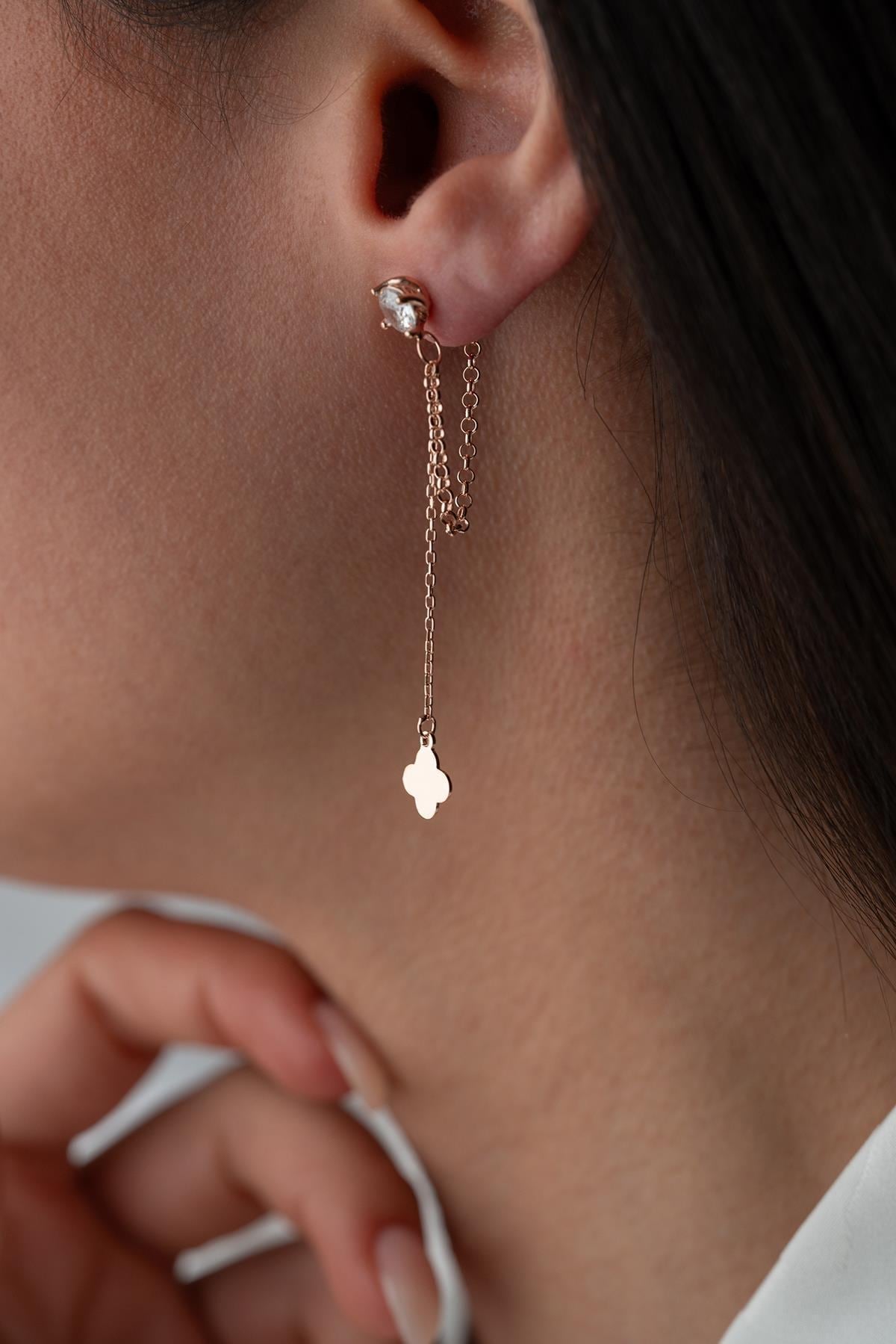 Rose Gold Clover Chain Drop Earrings | Dainty Zircon Dangle | Minimal Sterling Silver Jewelry Gift