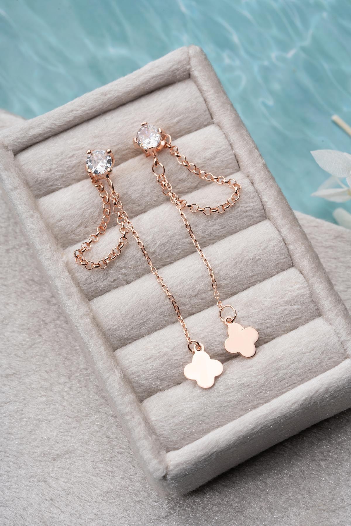Rose Gold Clover Chain Drop Earrings | Dainty Zircon Dangle | Minimal Sterling Silver Jewelry Gift