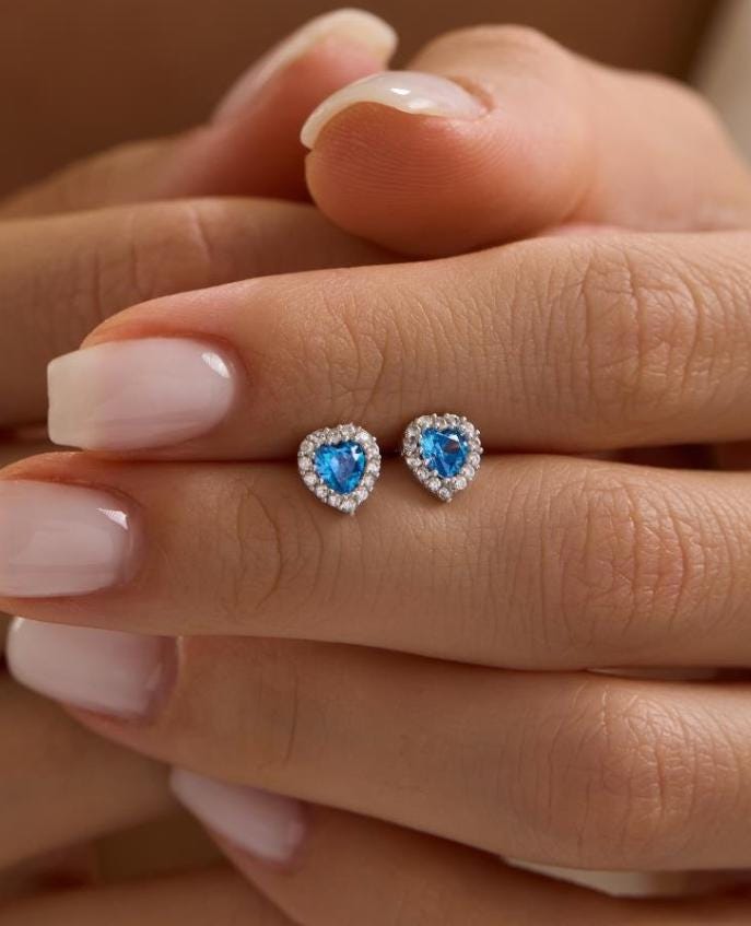 Aquamarine Earrings | 925 Sterling Silver Rhodium Plated Zircon Heart Stud Earrings | Dainty Jewelry