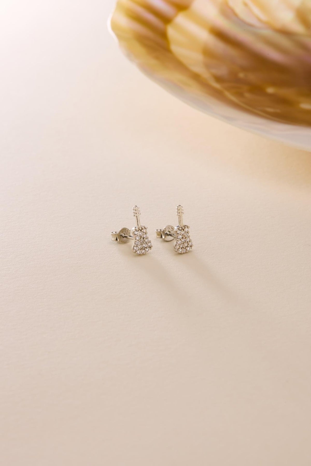 Guitar Earrings | 925 Sterling Silver Rhodium Plated Zircon Music Studs | Music Lover Jewelry