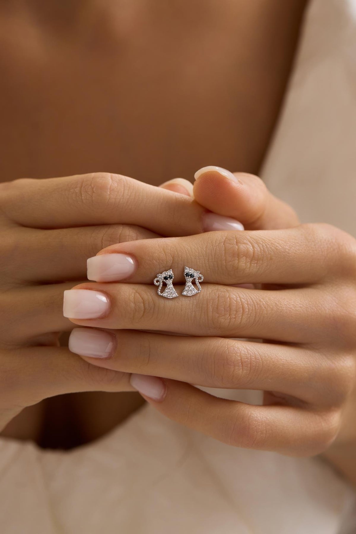Cat Earrings | 925 Sterling Silver Rhodium Plated White Zircon Studs | Animal Lover Jewelry
