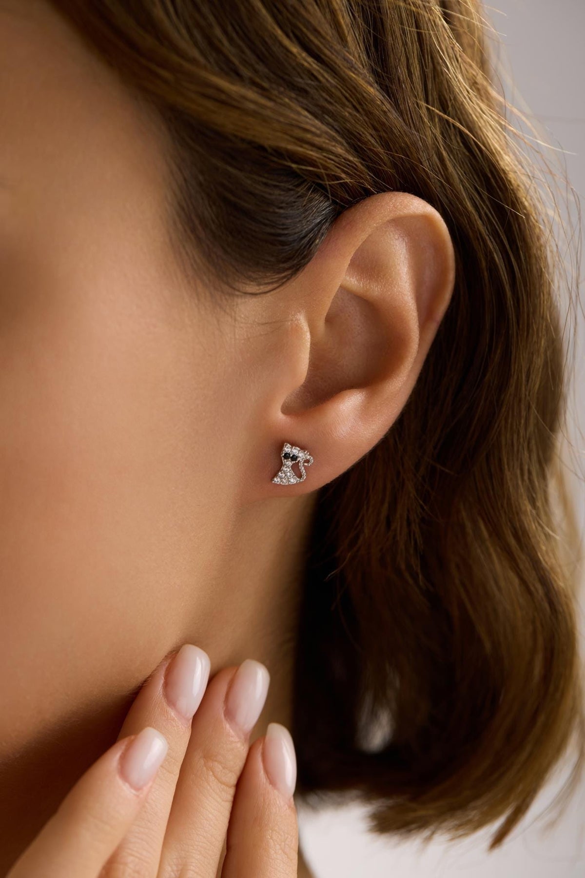 Cat Earrings | 925 Sterling Silver Rhodium Plated White Zircon Studs | Animal Lover Jewelry
