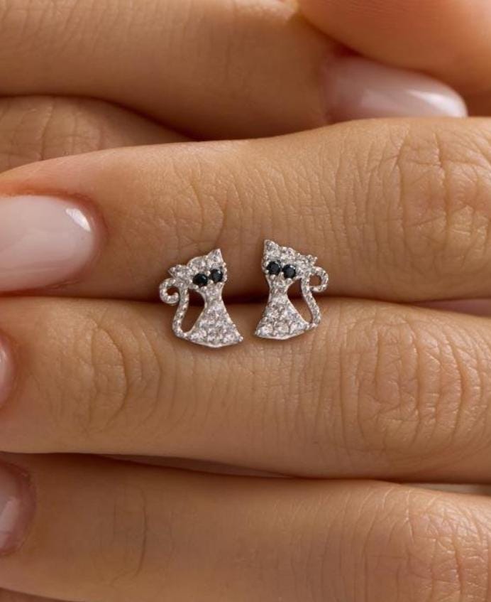 Cat Earrings | 925 Sterling Silver Rhodium Plated White Zircon Studs | Animal Lover Jewelry