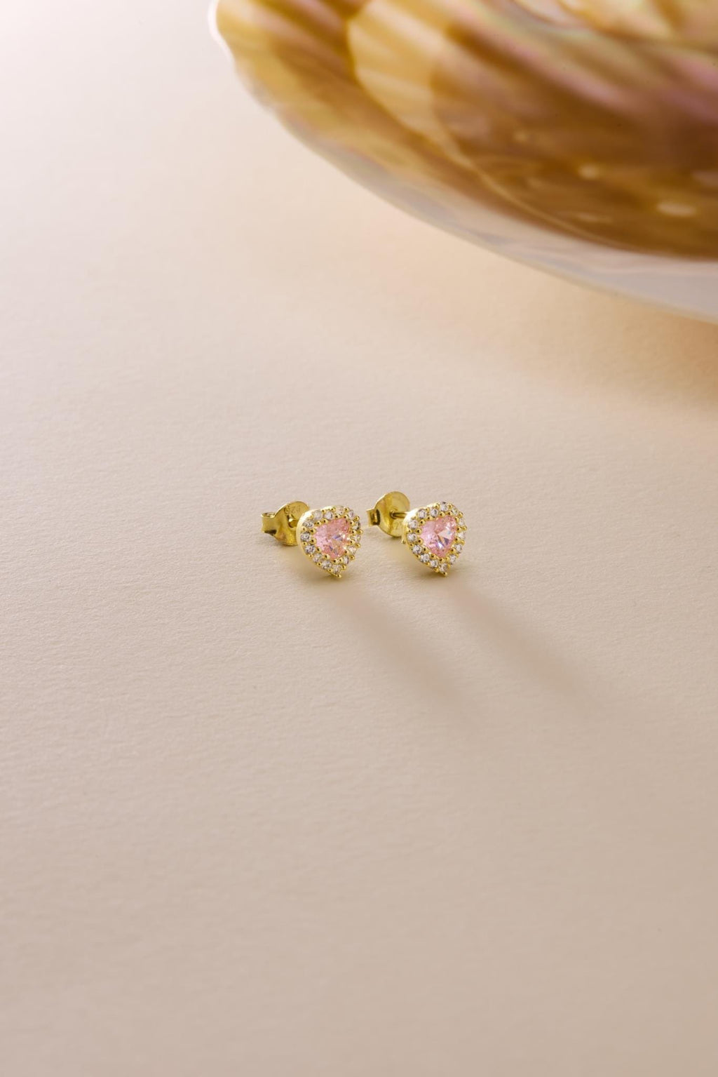 Pink Heart Earrings | 925 Sterling Silver 14K Gold Plated Zircon Studs | Romantic Dainty Jewelry