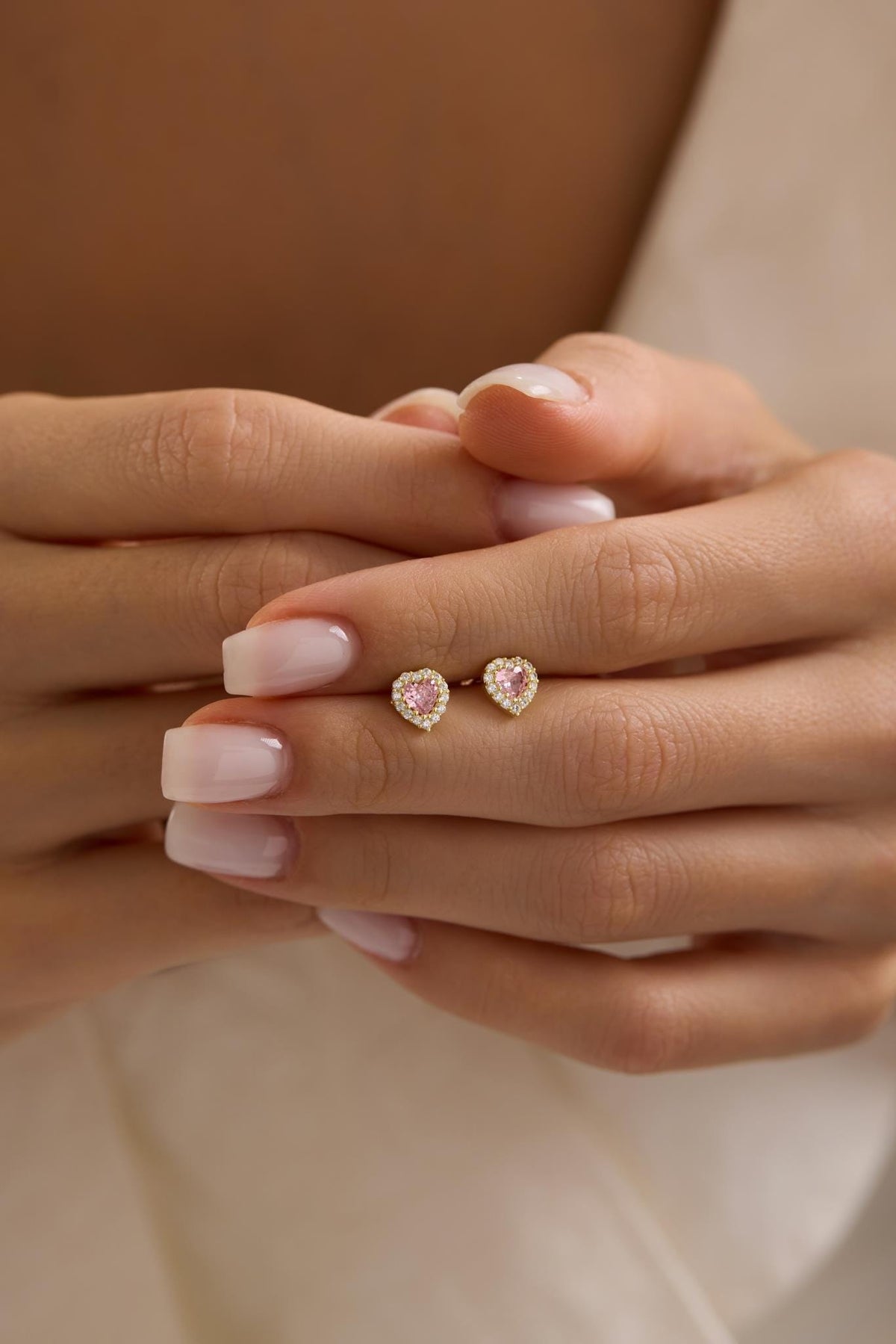 Pink Heart Earrings | 925 Sterling Silver 14K Gold Plated Zircon Studs | Romantic Dainty Jewelry