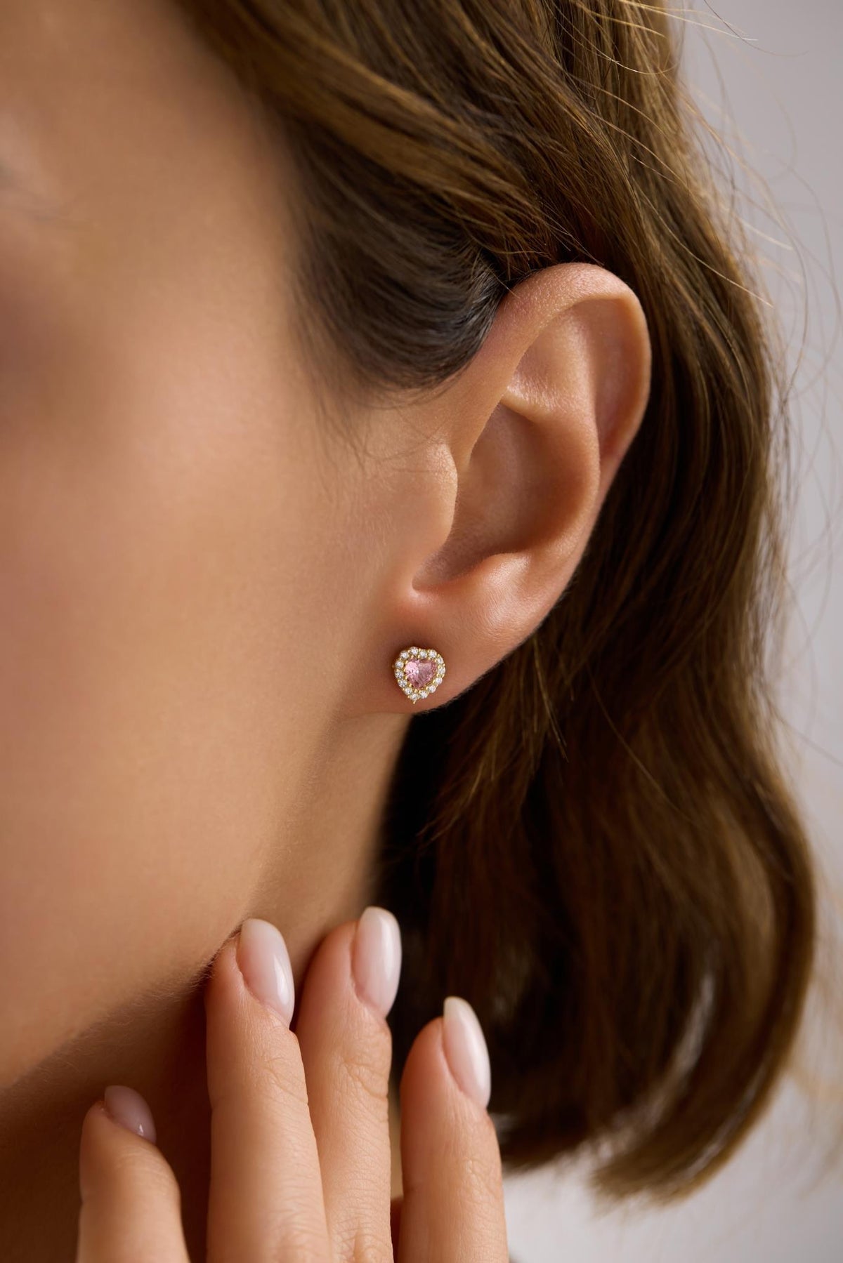 Pink Heart Earrings | 925 Sterling Silver 14K Gold Plated Zircon Studs | Romantic Dainty Jewelry