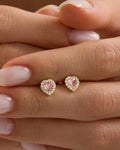 Pink Heart Earrings | 925 Sterling Silver 14K Gold Plated Zircon Studs | Romantic Dainty Jewelry