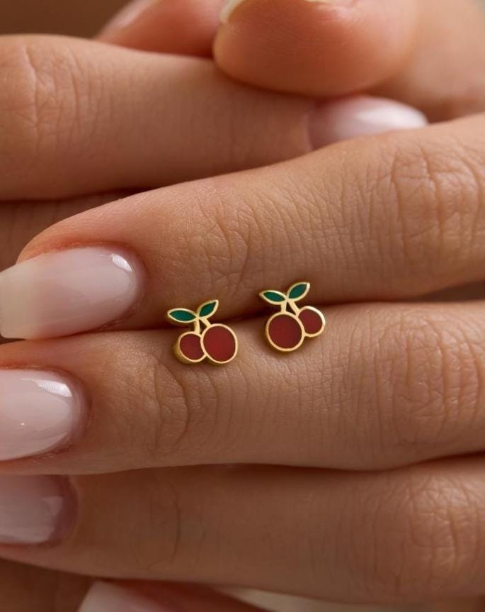 Cherry Earrings | 925 Sterling Silver 14K Gold Plated Enamel Fruit Studs | Dainty Jewelry