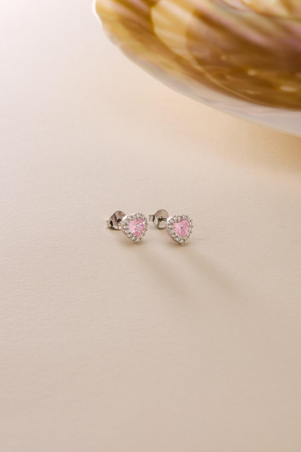 Pink Heart Earrings | 925 Sterling Silver Rhodium Plated Zircon Studs | Romantic Dainty Jewelry