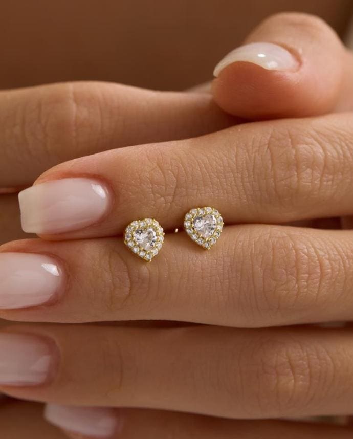 White Heart Earrings | 925 Sterling Silver 14K Gold Plated Zircon Studs | Dainty Jewelry