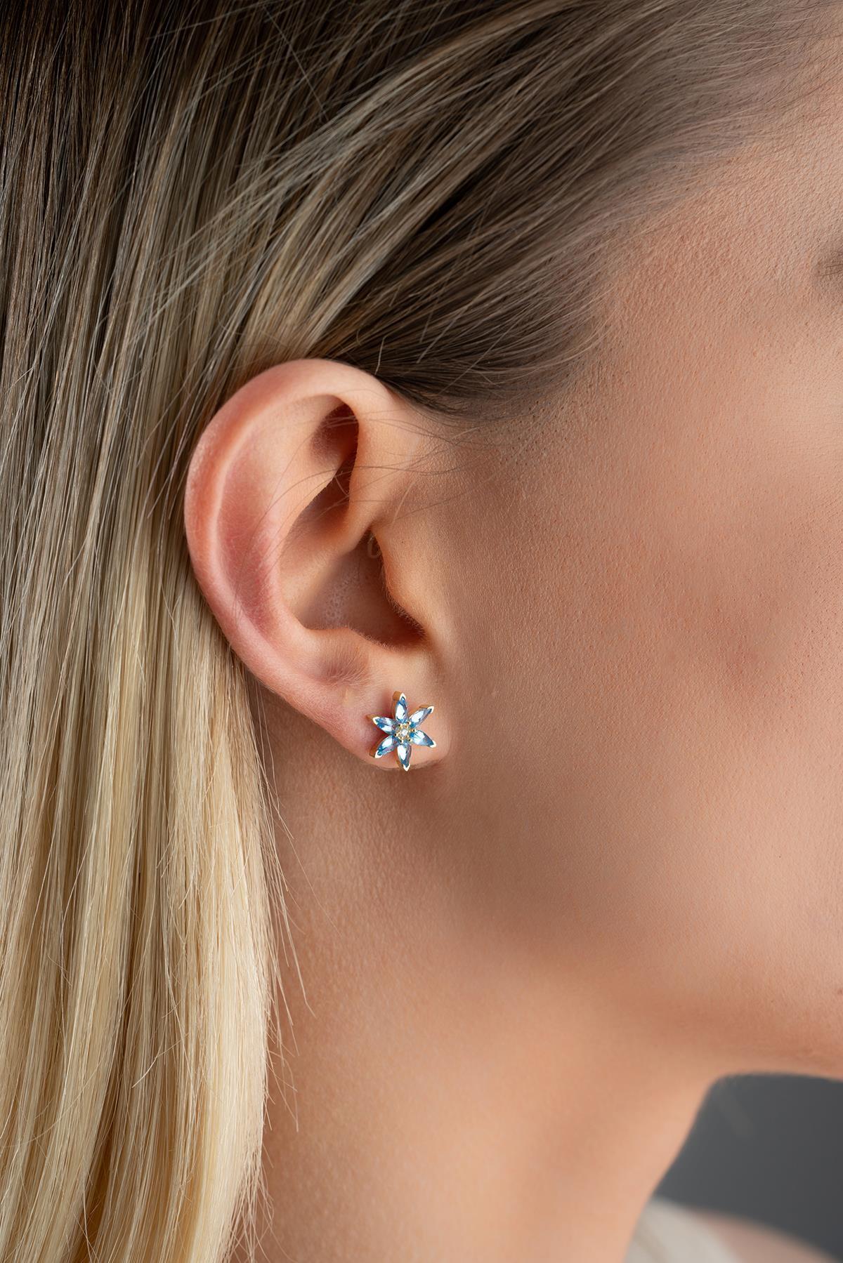 Lotus Flower Earrings Gold | Blue Zircon Stud Earrings | Minimal Gift for Her