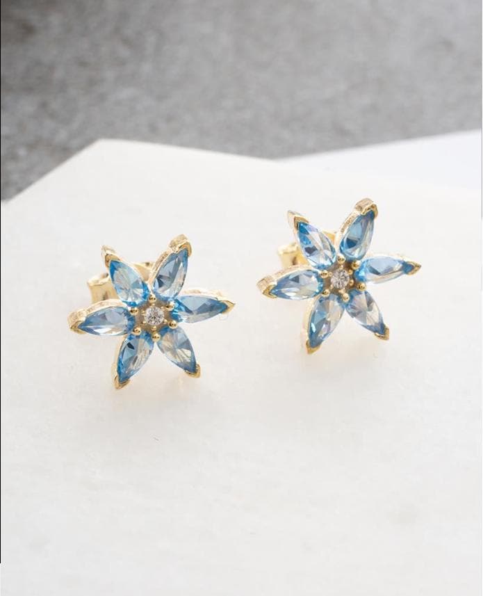 Lotus Flower Earrings Gold | Blue Zircon Stud Earrings | Minimal Gift for Her