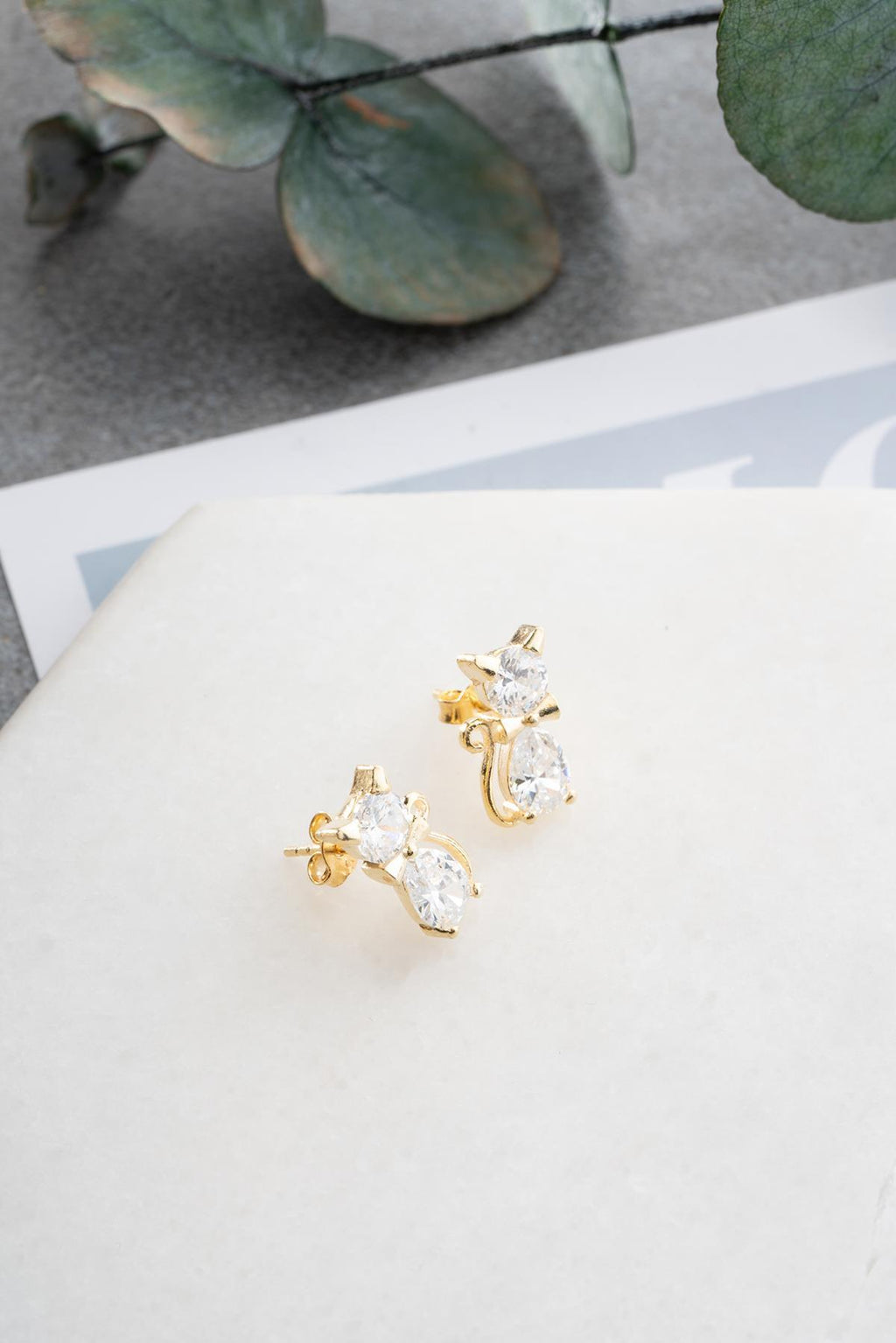 Gold Cat Stud Earrings | Zircon Gemstone, 14K Plated Sterling Silver, Minimal Animal Jewelry