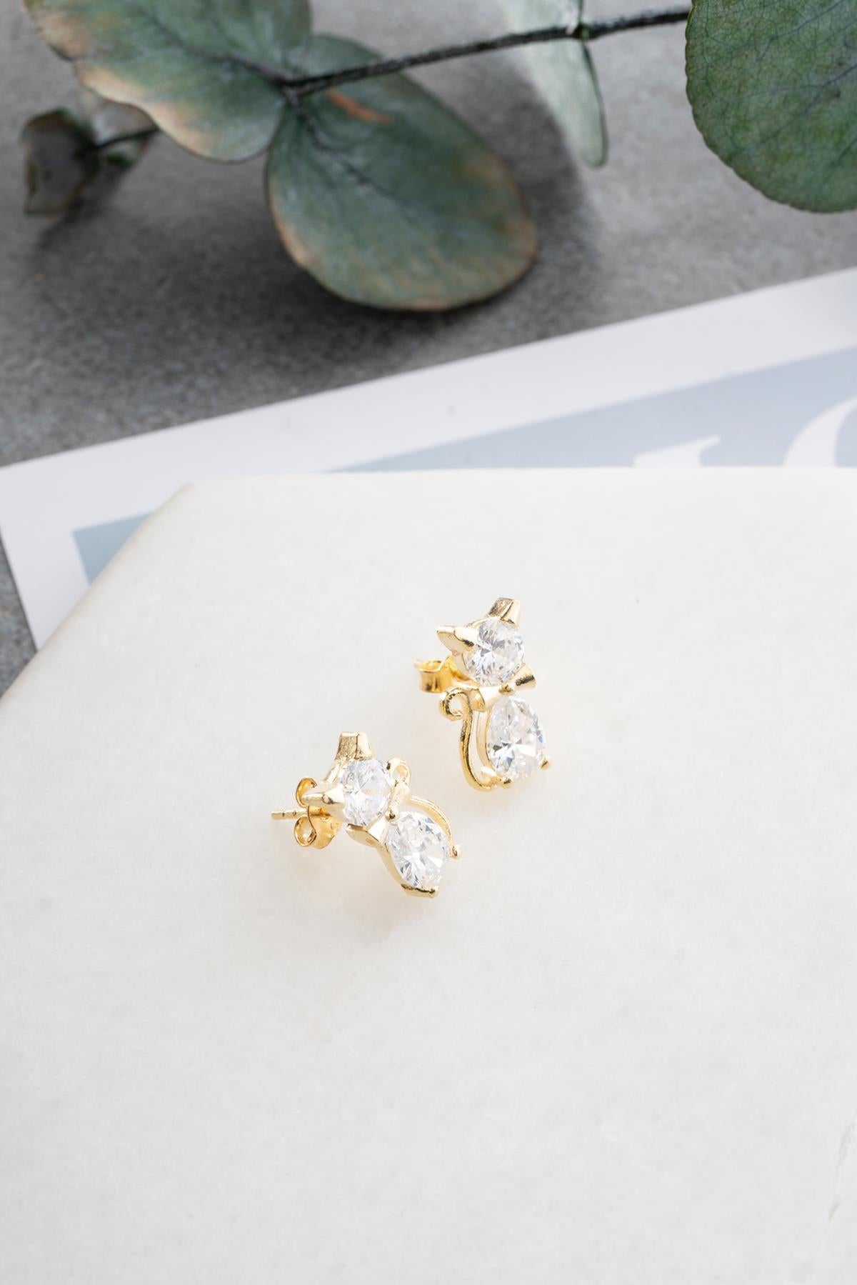 Gold Cat Stud Earrings | Zircon Gemstone, 14K Plated Sterling Silver, Minimal Animal Jewelry