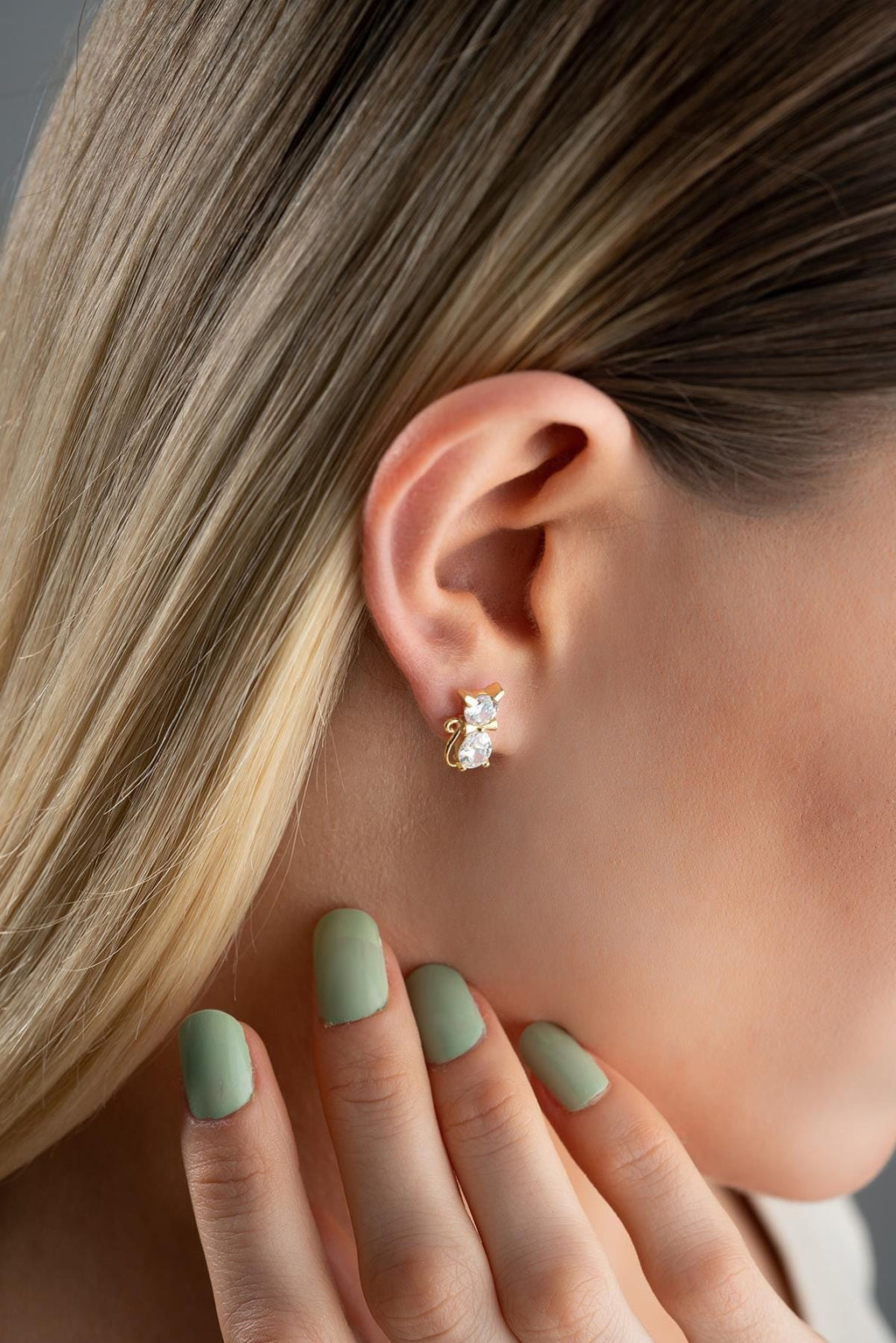 Gold Cat Stud Earrings | Zircon Gemstone, 14K Plated Sterling Silver, Minimal Animal Jewelry