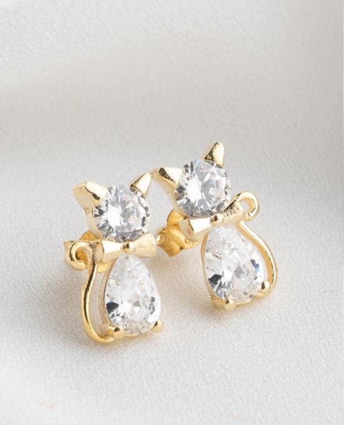 Gold Cat Stud Earrings | Zircon Gemstone, 14K Plated Sterling Silver, Minimal Animal Jewelry