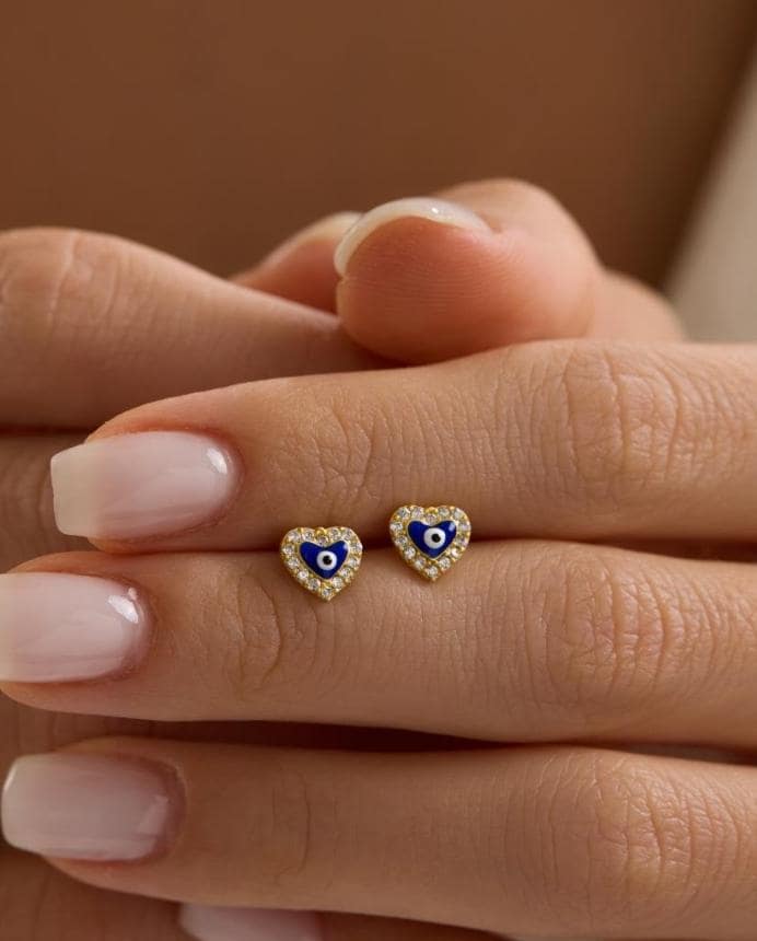 Evil Eye Heart Earrings | 925 Sterling Silver 14K Gold Plated Zircon Studs | Dainty Jewelry