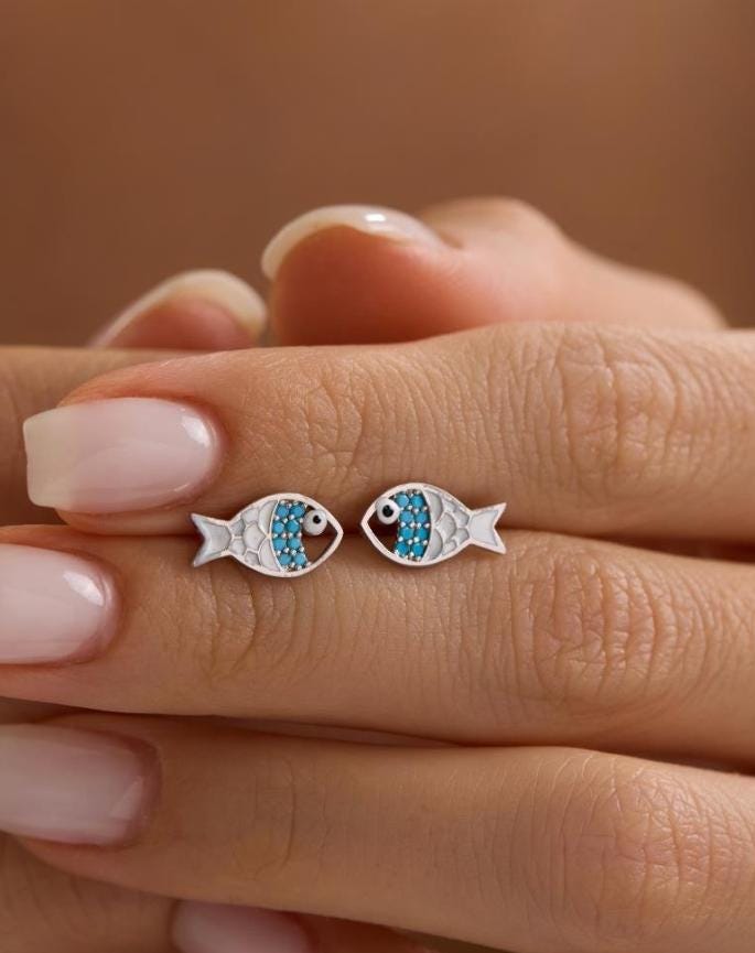 Fish Stud Earrings | 925 Sterling Silver Rhodium Plated Turquoise Enamel Fish | Ocean Jewelry