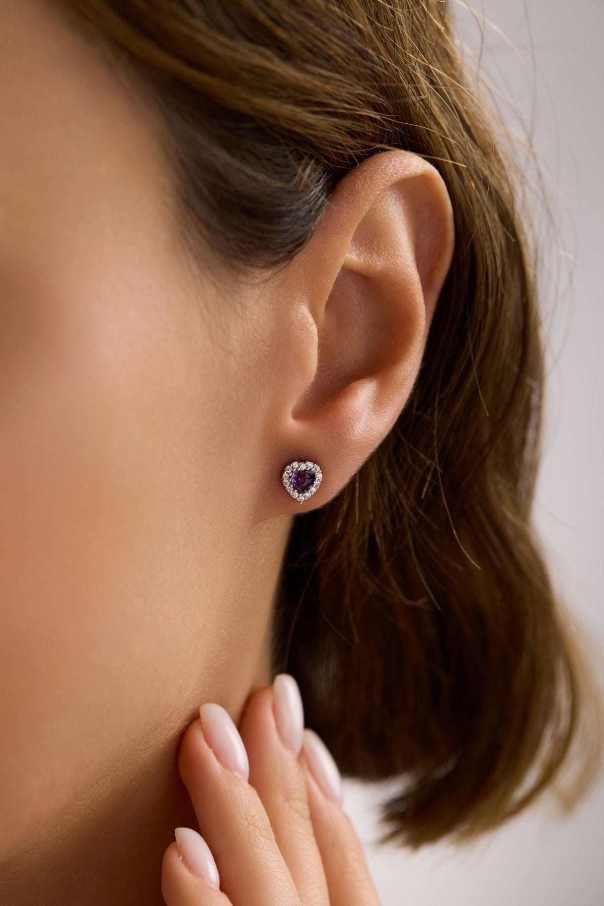 Purple Heart Stud Earrings | 925 Sterling Silver Rhodium Plated Zircon | Dainty Heart Jewelry