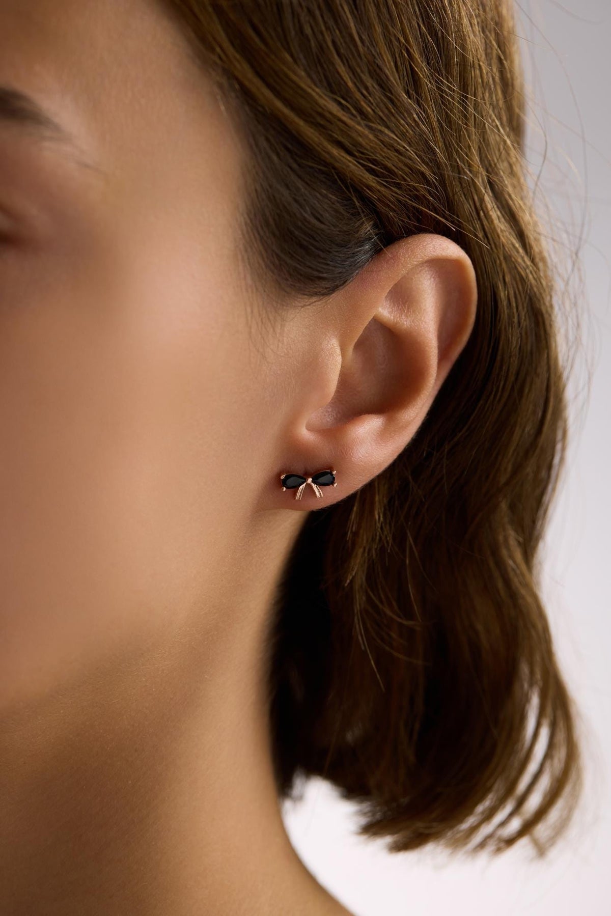 Bow Stud Earrings | 925 Sterling Silver Rose Gold Plated Black Zircon | Dainty Bow Jewelry