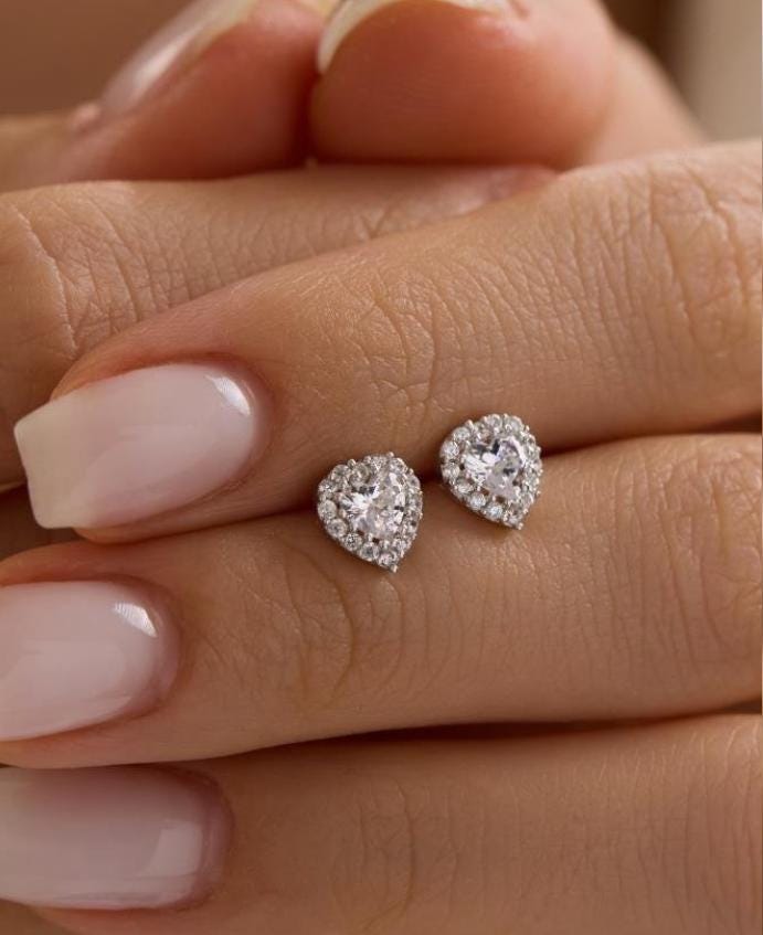 Heart Stud Earrings | 925 Sterling Silver Rhodium Plated Zircon | Dainty Heart Jewelry