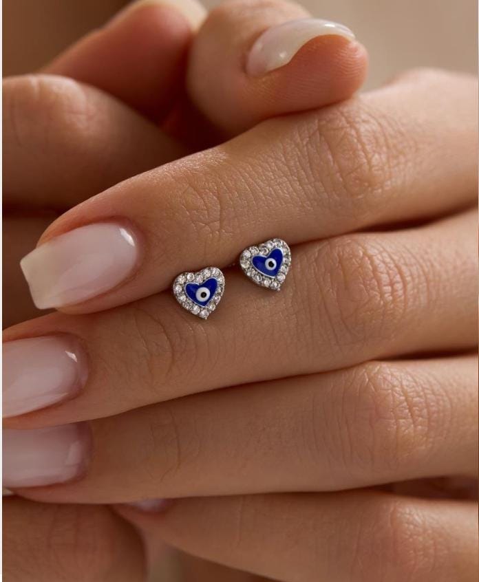 Evil Eye Heart Earrings | 925 Sterling Silver Rhodium Plated Zircon Studs | Dainty Jewelry