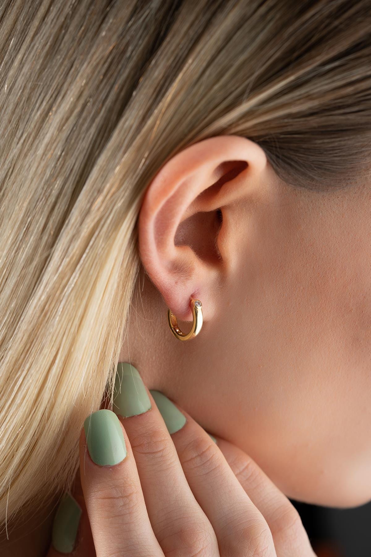14K Gold Plated Sterling Silver Zircon Huggie Hoop Earrings | Dainty Minimalist Jewelry