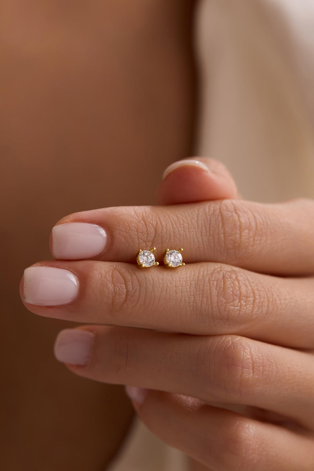 Solitaire Stud Earrings | 925 Sterling Silver 14K Gold Plated Zircon | Minimal Jewelry