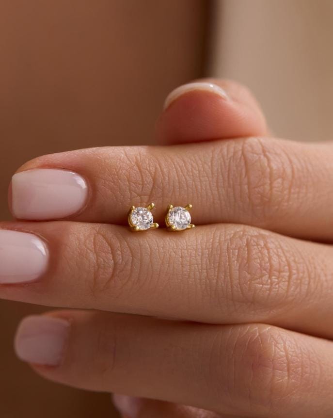 Solitaire Stud Earrings | 925 Sterling Silver 14K Gold Plated Zircon | Minimal Jewelry