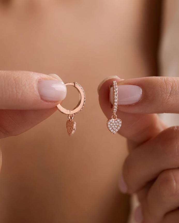 Rose Gold Heart Dangle Earrings | 925 Sterling Silver Zircon Hoop | Dainty Romantic Jewelry