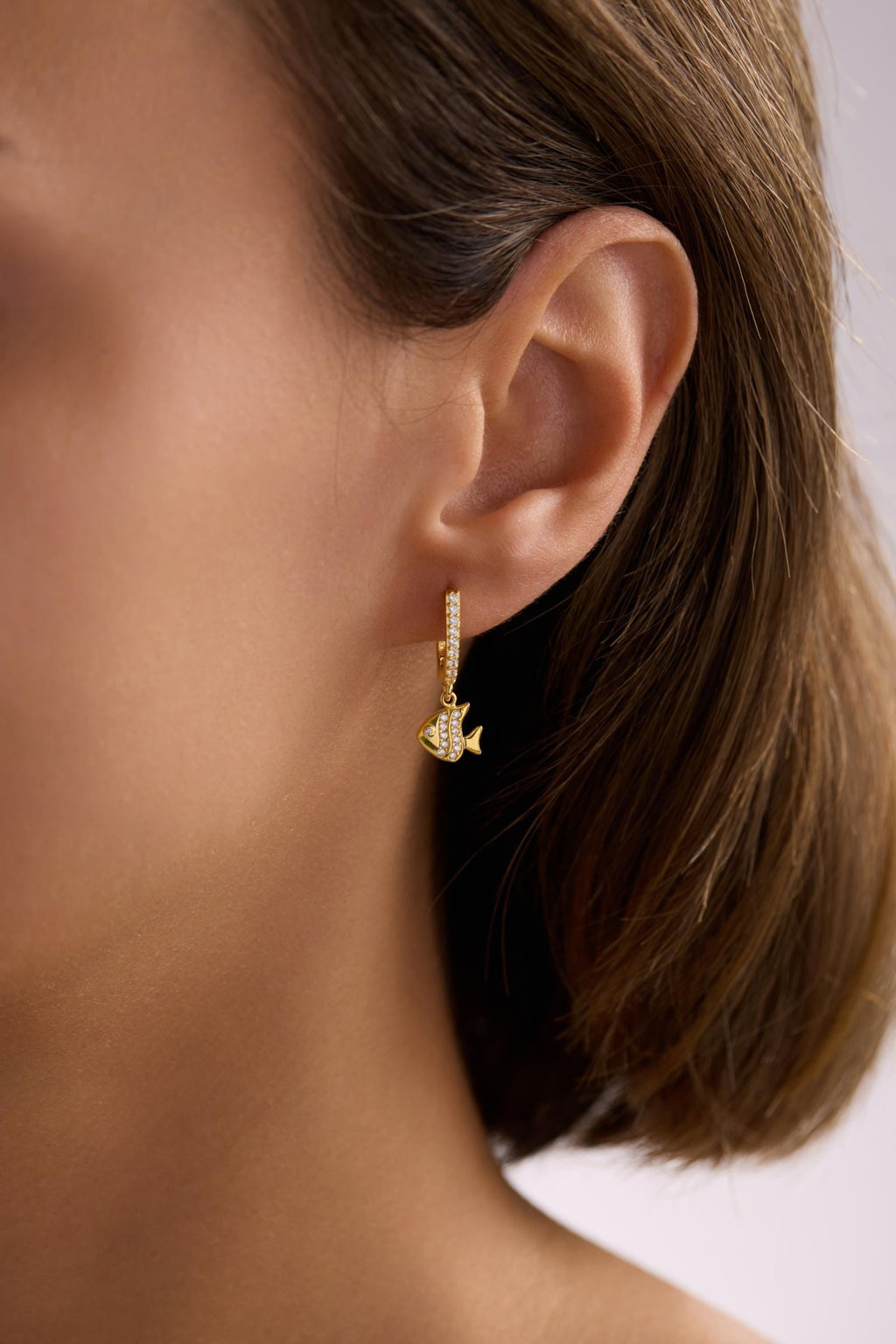 Gold plated Fish Dangle Earrings | 925 Sterling Silver Zircon Hoop | Ocean Jewelry