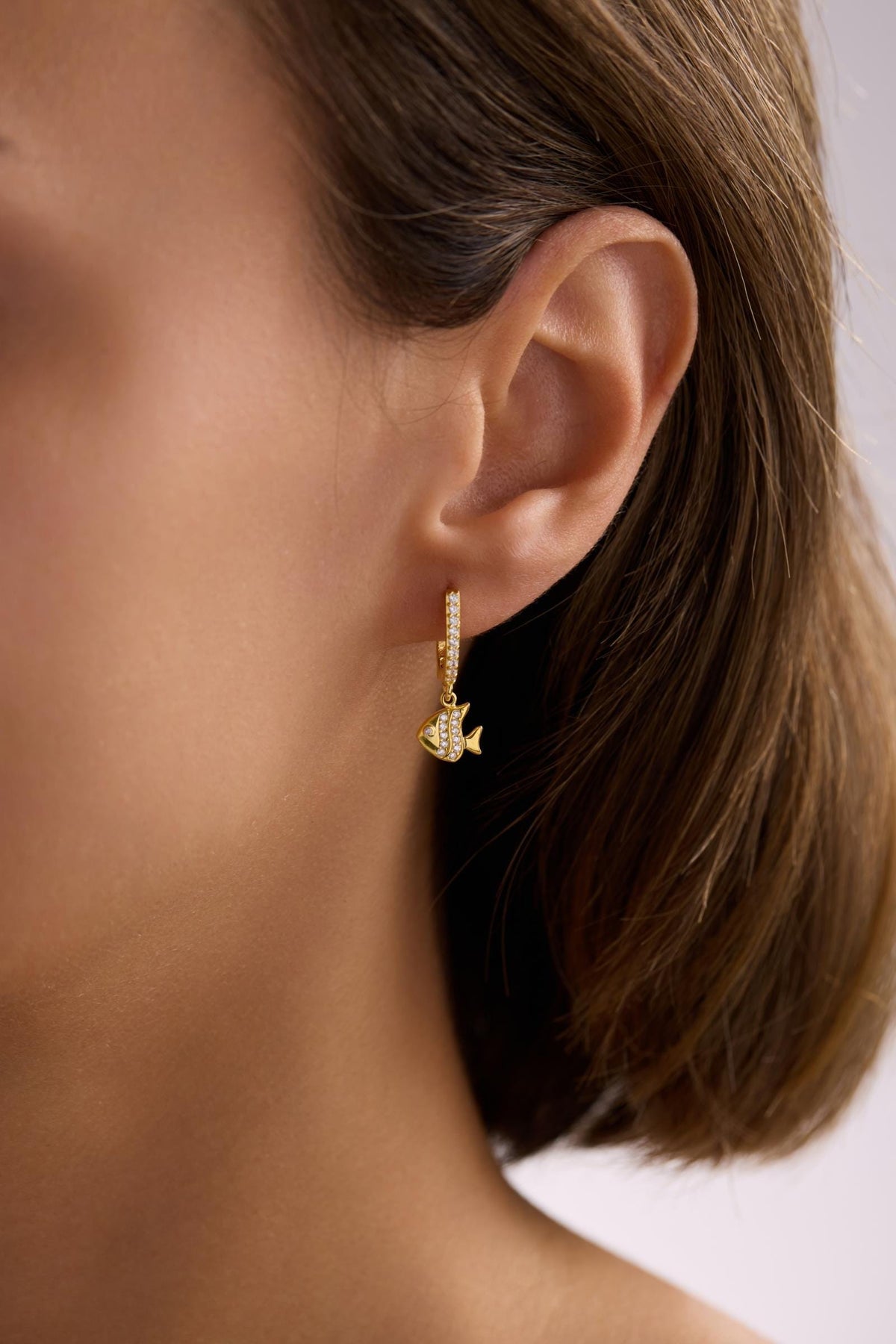 Gold plated Fish Dangle Earrings | 925 Sterling Silver Zircon Hoop | Ocean Jewelry