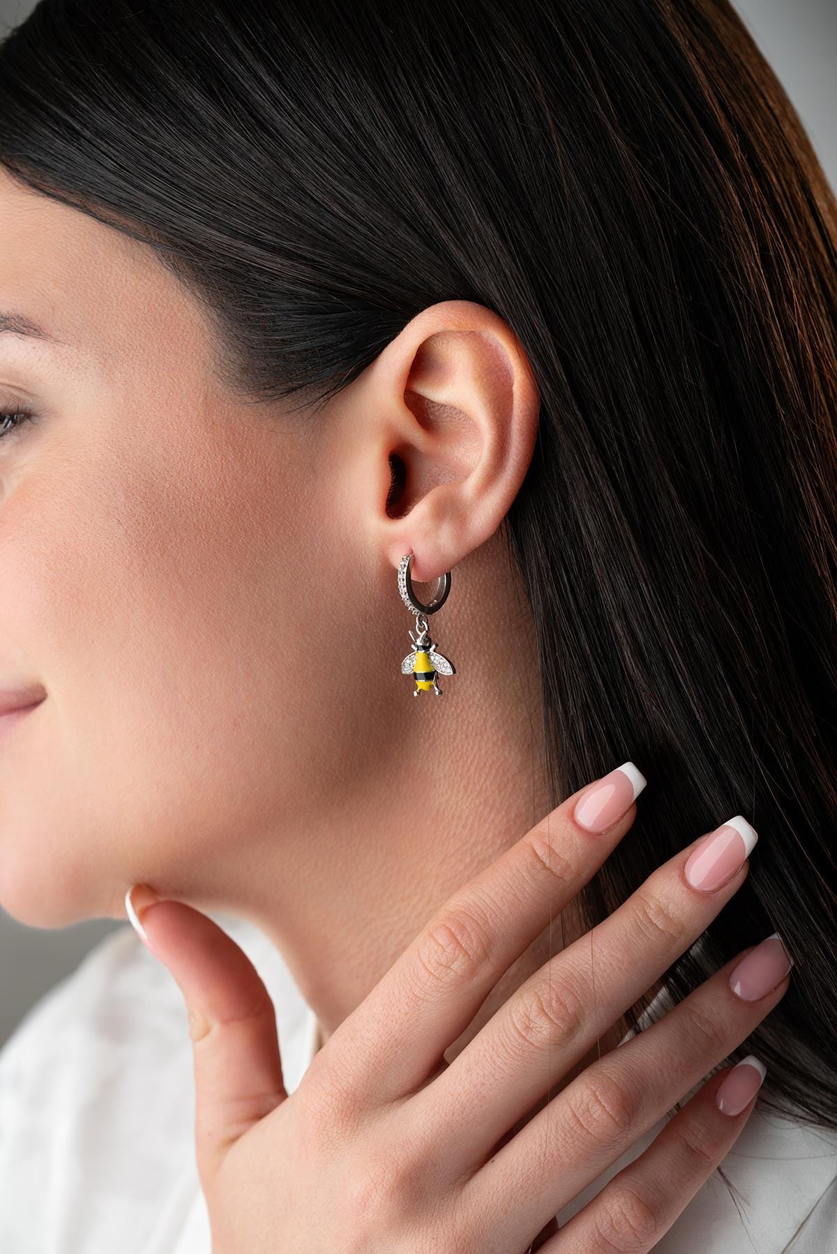 Bee Hoop Earrings | 925 Sterling Silver | Rhodium Plated | Zircon Dangle Jewelry