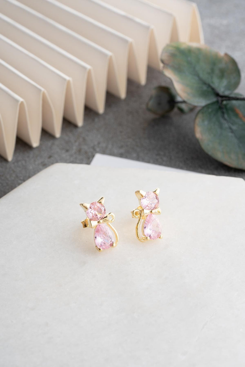 Sterling Silver Cat Earrings | Pink Zircon Studs | 14K Gold Plated Dainty Jewelry