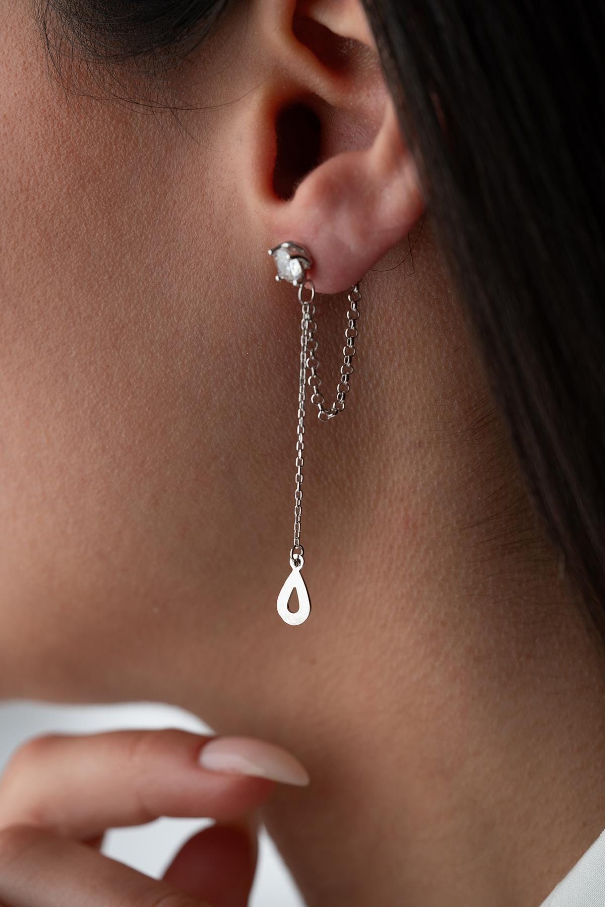 Teardrop Chain Dangle Earrings | 925 Sterling Silver | Rhodium Plated | Minimal Jewelry