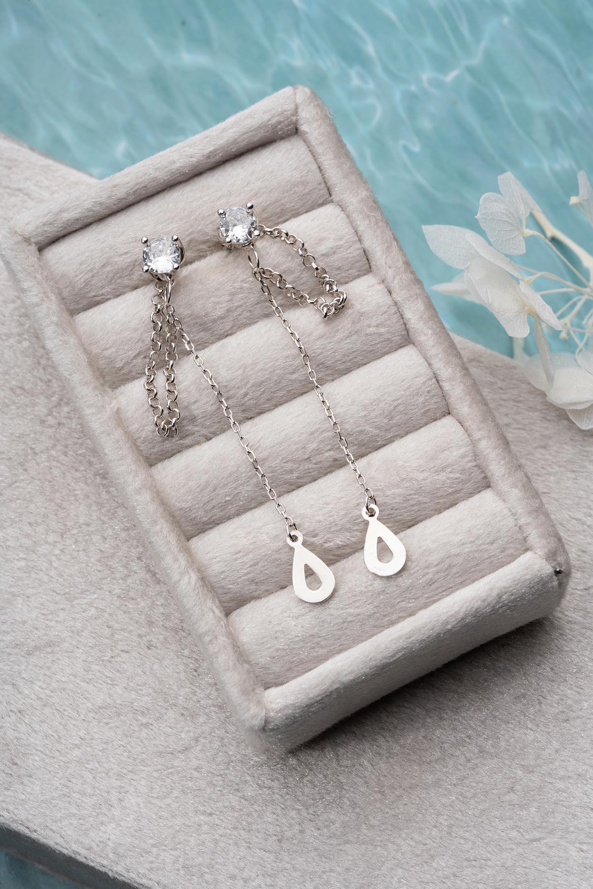 Teardrop Chain Dangle Earrings | 925 Sterling Silver | Rhodium Plated | Minimal Jewelry