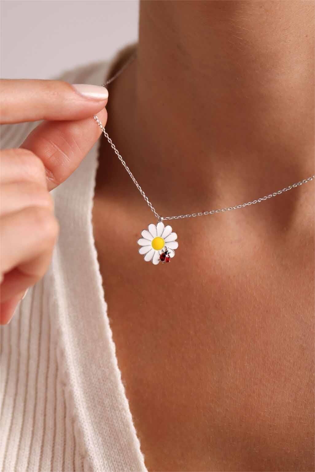Sterling Silver Ladybug Daisy Necklace | Lucky Charm Jewelry | Minimal Gift for Her