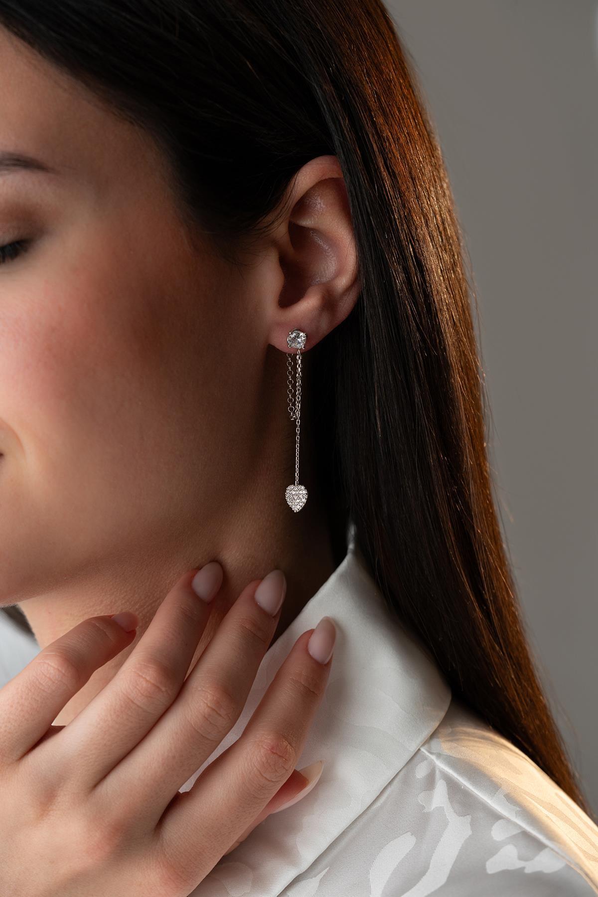 Sterling Silver Heart Chain Earrings | Dainty Zircon Drop Minimal Jewelry