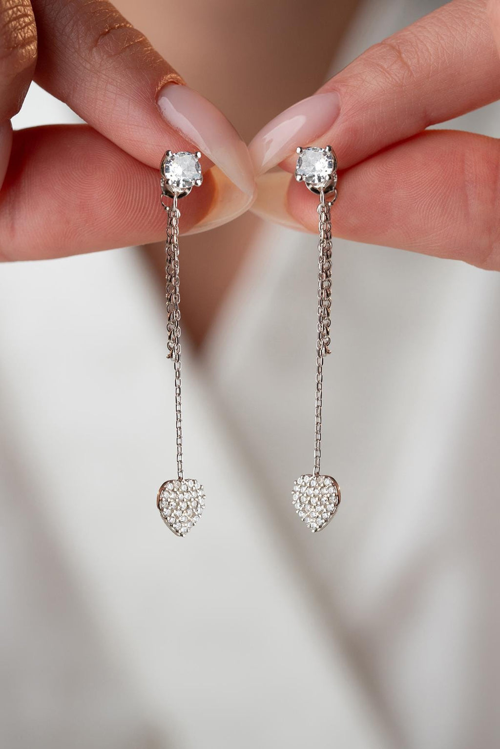 Sterling Silver Heart Chain Earrings | Dainty Zircon Drop Minimal Jewelry