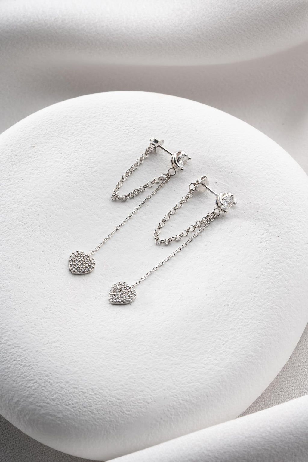 Sterling Silver Heart Chain Earrings | Dainty Zircon Drop Minimal Jewelry