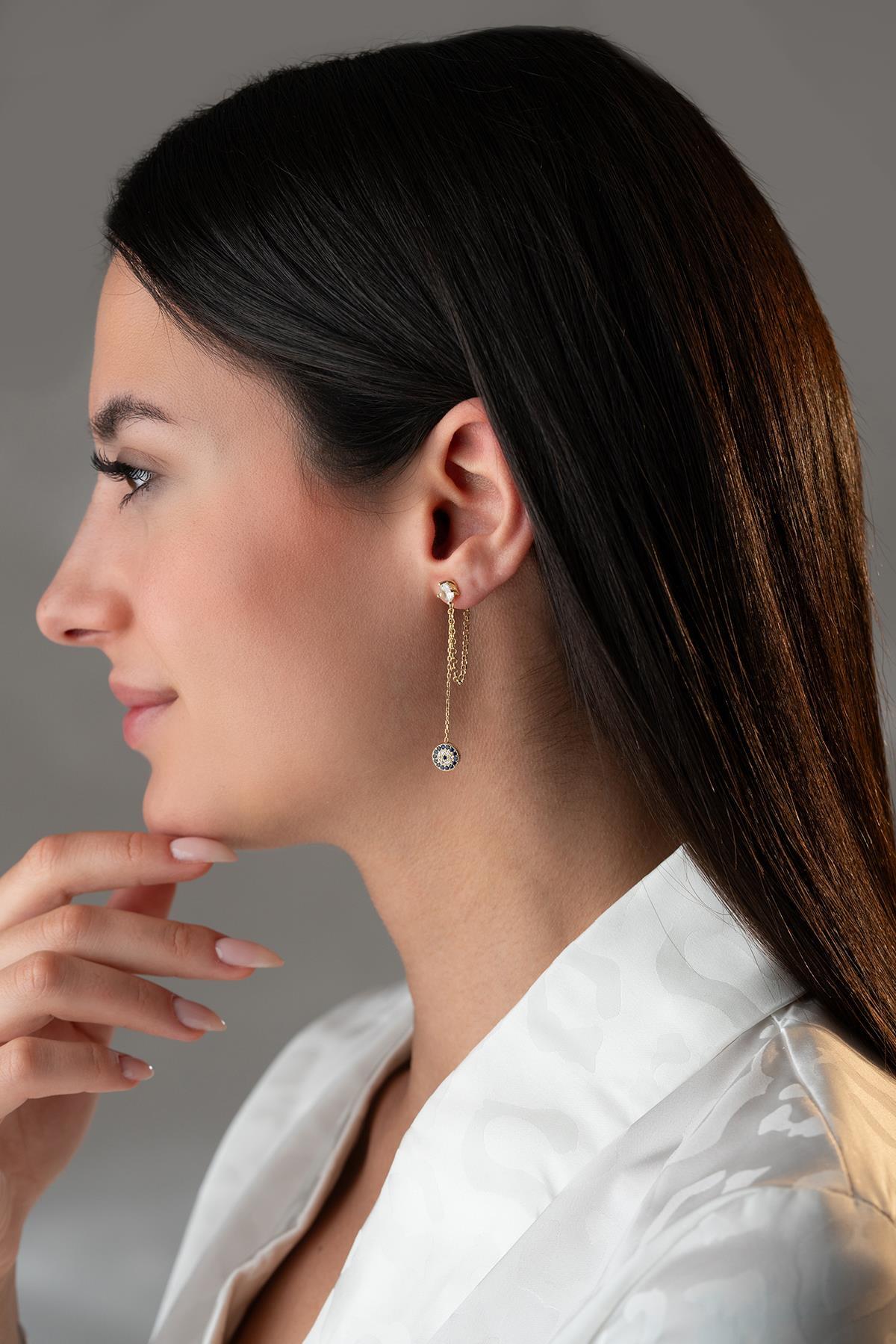 Gold Plated Evil Eye Chain Earrings | Sterling Silver Zircon Drop Jewelry