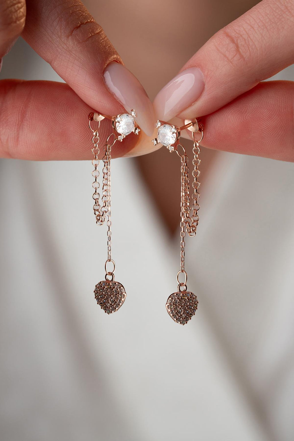Rose Gold Heart Chain Earrings | Dainty Zircon Drop Earrings | Romantic Jewelry Gift for Her